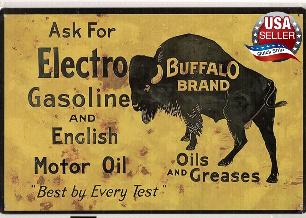 Retro Tin Sign • Petroliana • Buffalo Brand Electro Gasoline & English Motor Oil